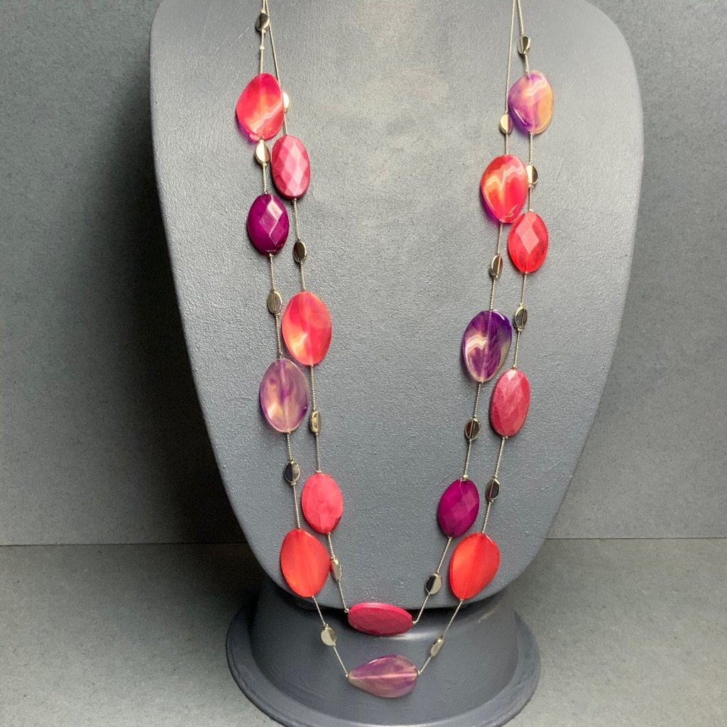 Ny Long Necklace Pink Purple Barbie Faceted Oval Silver Double Chain Soft Girl 30$